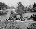 Allied transport crossing a pontoon bridge over the Volturno River, Italy, 1943