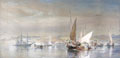 Coastal seascape, with a cutter from a Royal Navy vessel putting into shore, 1855