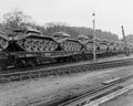 'Witley Station: The move to Westbury', Cruiser tanks of 3rd County of London Yeomanry (Sharpshooters), on flatbed railway trucks, 1941
