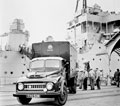 A NAAFI lorry resupplying the depot ship HMS 'Tyne', Portsmouth, January 1959