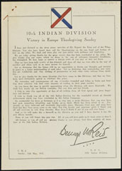 Message from Major-General Reid for 10th Indian Division's service of thanksgiving to celebrate Victory in Europe, 13 May 1945