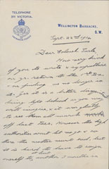 Letter from the Prince of Wales to Lieutenant-Colonel Maxwell Earle DSO, Commanding Officer 1st Battalion Grenadier Guards, 22 September 1914