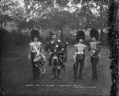 Drummer, Piper and Bandsmen, 1st Scots Guards, glass negative, 1895 (c)