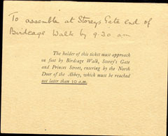 Admittance ticket to the funeral service of the Unknown Warrior, Westminster Abbey, 11 November 1920