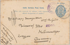 Indian 1/4 anna Service Post Card, Germany, August 1916