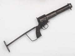 Riot gun converted from Webley and Scott 1.5 inch No 4 Mk I signal pistol, fitted with Sten skeleton stock