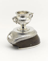 Silver mounted desk set of two polo pony's hooves, Captain J F Sherer, 1865 (c)