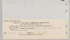 Receipt for life membership of the Queen Mary's Army Auxiliary Corps and Auxiliary Territorial Service Comrades Association, Princess Elizabeth, 1945