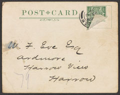 Postcard with an order for Rifleman Eve to report to the headquarters of The Queen's Westminster Rifles, 25 August 1914