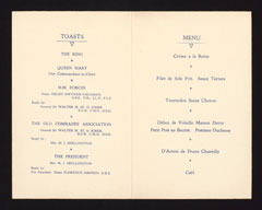 Menu for Queen Mary's Army Auxiliary Corps Old Comrades Association 19th Annual Dinner, Kensington, London, 25 February 1939