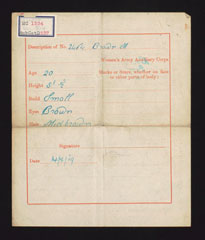 Character certificate of Maud Brown, Queen Mary's Army Auxiliary Corps, 31 July 1919