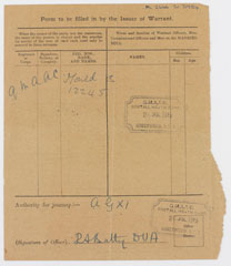 Travel warrant relating to the War Workers Party at Buckingham Palace, 25 July 1919