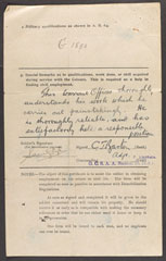 Battery Quartermaster Sergeant Samuel Pye's certificate of employment, 1919