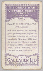 'Capt. F.O. Grenfell, V.C.', Captain Francis Grenfell VC, 9th (Queen's Royal) Lancers, cigarette card, 1915