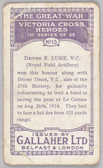'Driver F. Luke, V.C.', cigarette card, 1915