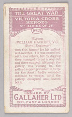 'Sapper William Hackett, V.C.', cigarette card, 1916