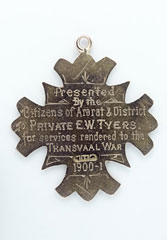 Gold Boer War Tribute Medal issued by the town of Ararat, Western Victoria, to Private Egbert William Tyers, 1901