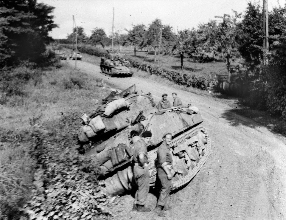 Royal Scots Greys tank ditched during the march towards Antwerp, 1944 (c)