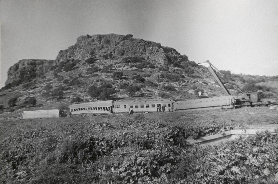 A sabotaged passenger train near Binyamina, 1947