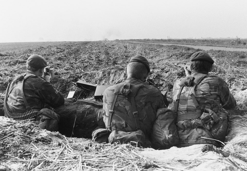 British soldiers dug-in by the side of a road in West Germany, 1979