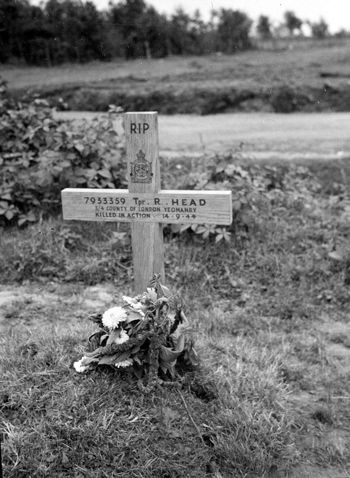 Grave of Trooper R. Head killed by a mine in the Gheel bridgehead, 1944