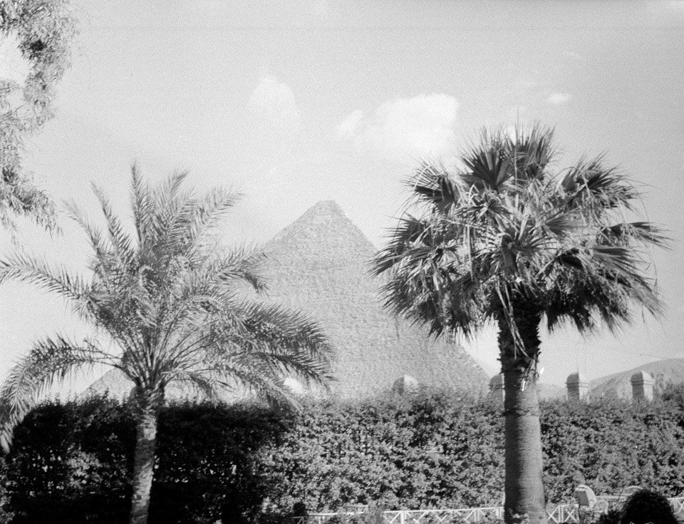 View of a pyramid from the Mena House Hotel, Cairo, Egypt, 1943