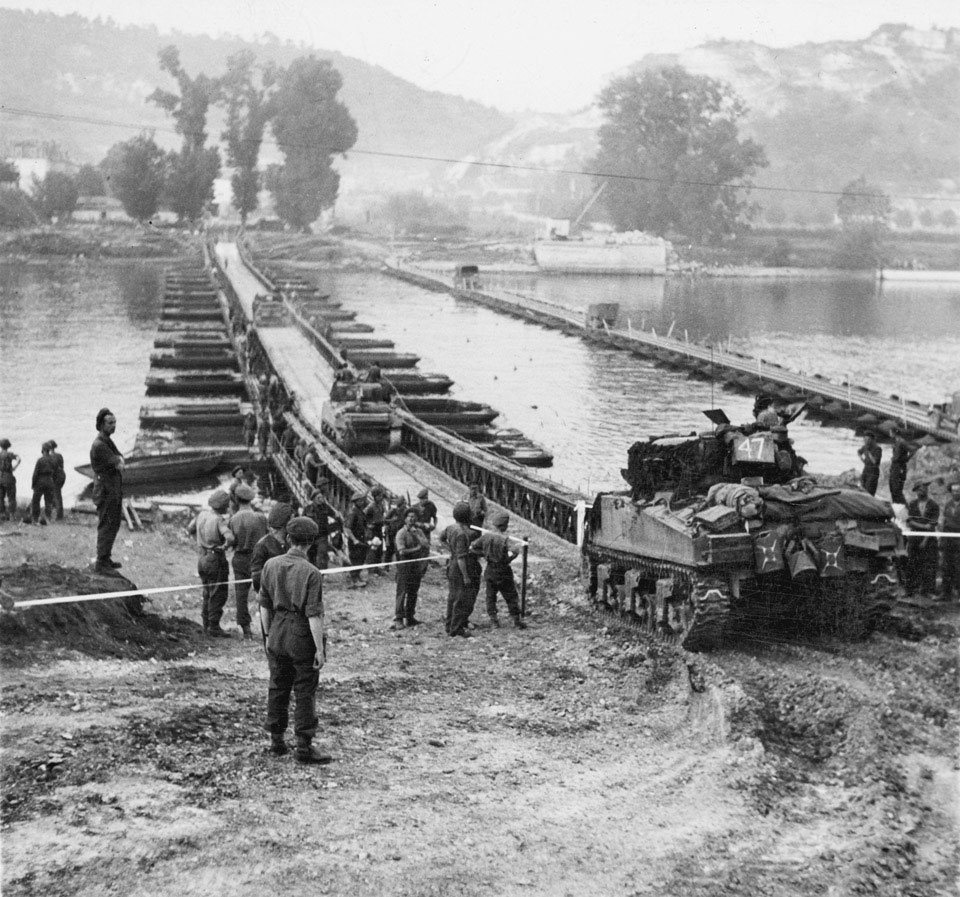 Sherman tanks crossing a bridge over the Seine at Vernon, 28 August 1944
