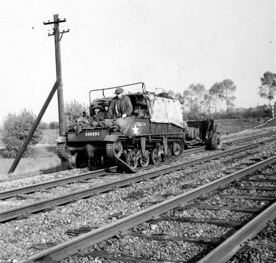 Carrier of the mortar platoon astride the railway track to Hertogenbosh, 25 October 1944