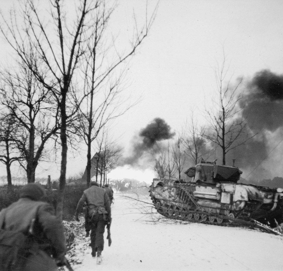 1st Battalion, The Rifle Brigade, supported by Crocodile flame-throwers, attack the village of St Joost, Netherlands, 20 January 1945