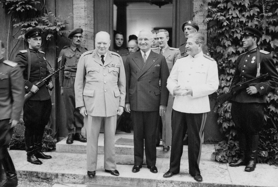 President Harry Truman, Marshal Joseph Stalin and Prime Minister Winston Churchill during the Potsdam Conference, 1945