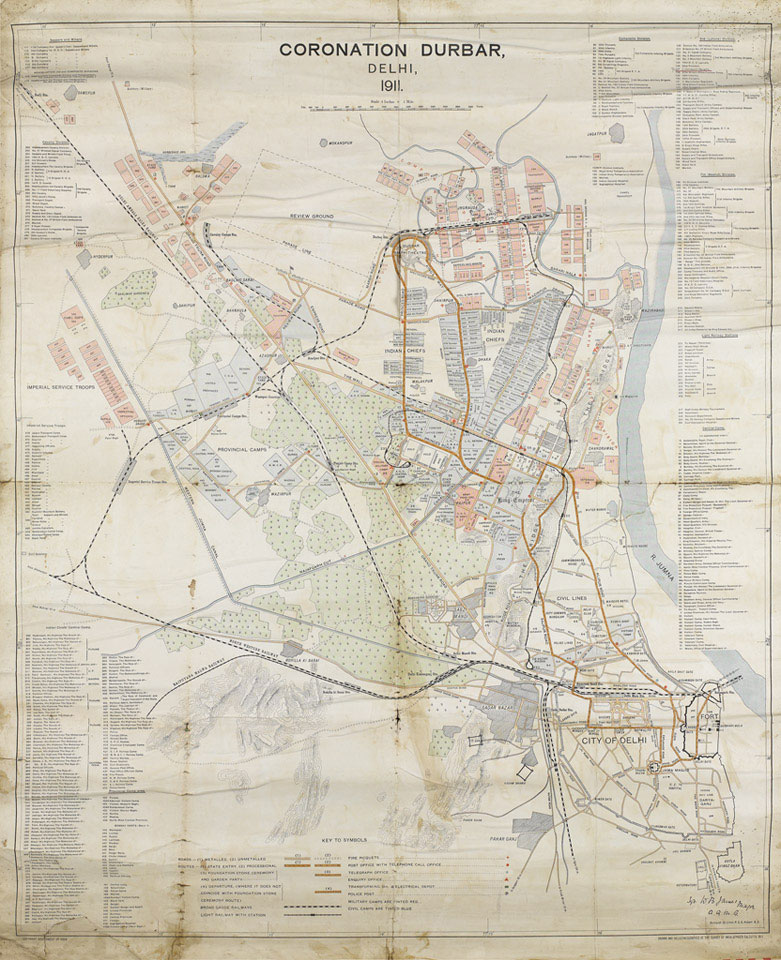 Plan of Delhi marking the encampments of the units taking part in the Coronation Durbar, 1911