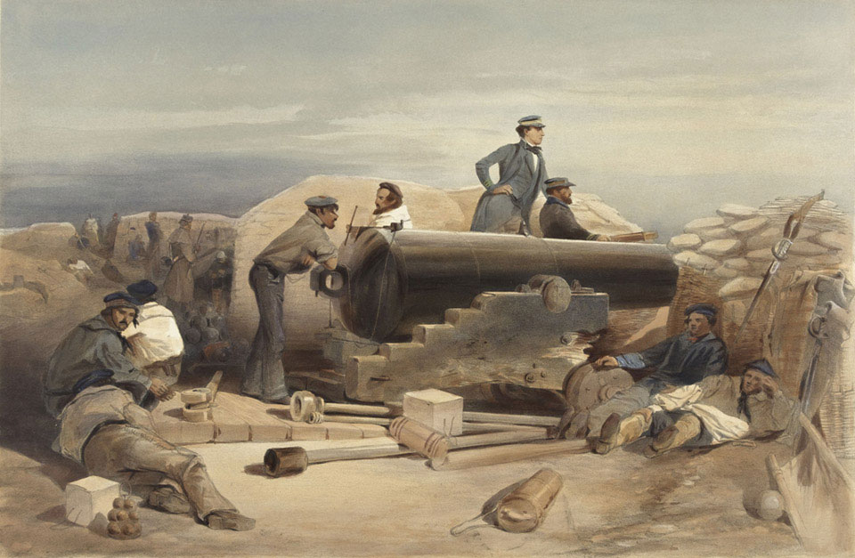 A 68-pounder Lancaster gun in the siegeworks outside Sevastopol, 1854