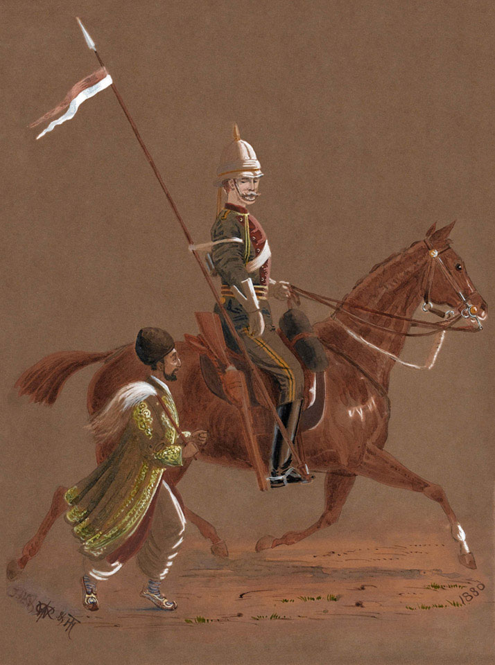 Trooper of the 9th Lancers riding, with an Afghan soldier running beside his horse, 1880