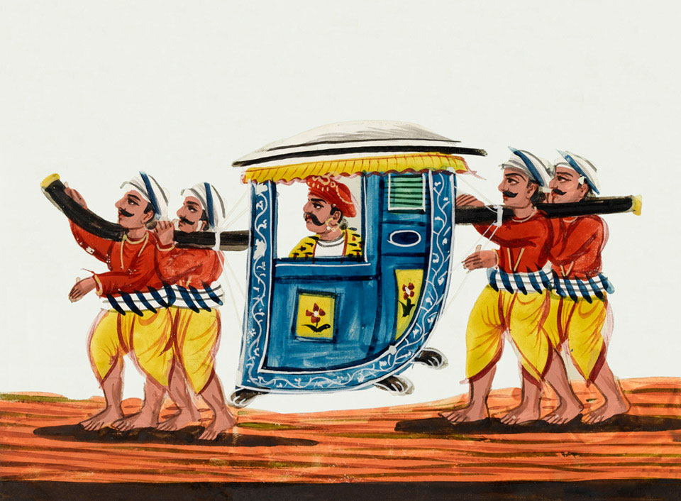 An Indian man sits in a palanquin, or litter, carried by four men, 1860