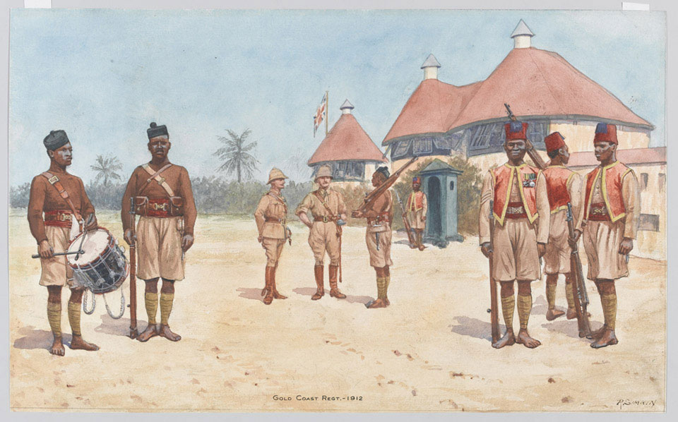 Soldiers of the Gold Coast Regiment outside the regimental HQ at Kumasi, 1912