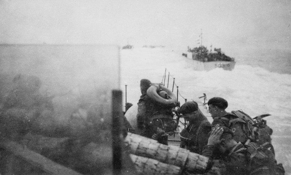 British troops in landing craft approach Sword Beach near Ouistreham, 6 June 1944