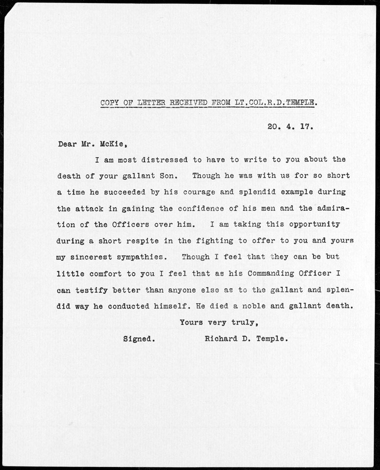 Typescript copy of Lieutenant-Colonel Richard Temple's letter of condolence to the McKie family, 20 April 1917