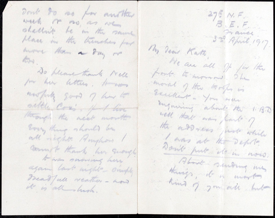 Letter from Second Lieutenant Douglas McKie to his sister Kate in which he wishes for a 'Blighty', 3 April 1917