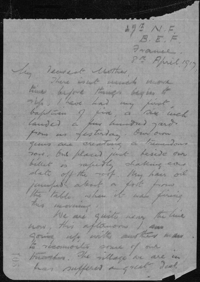 Letter from Second Lieutenant Douglas McKie to his mother describing his first experience of shellfire, 8 April 1917