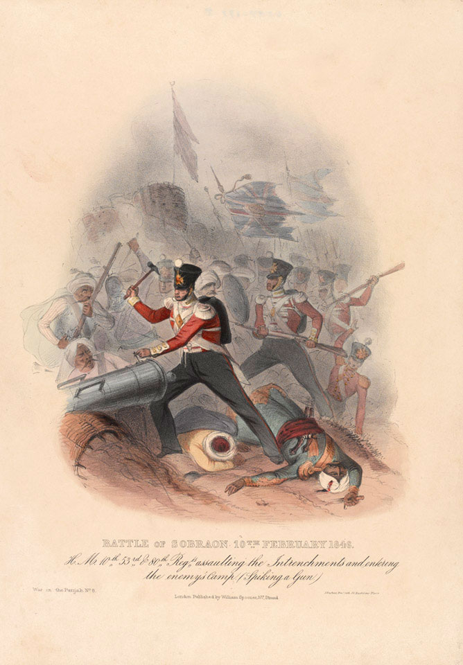 'Battle of Sobraon 10th February 1846. HM 10th, 53rd [and] 80th Regiments assaulting the Entrenchments and entering the enemy's camp (spiking a gun)', 1846