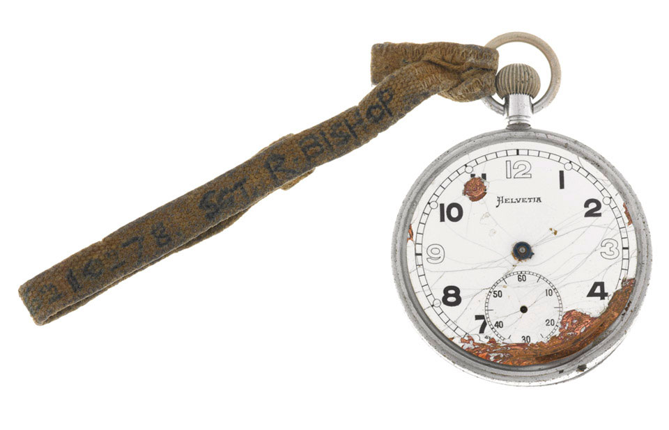 Broken Army issue fob watch belonging to Sergeant Roy Bishop, Middlesex Regiment (Duke of Cambridge's Own), 1944 (c)