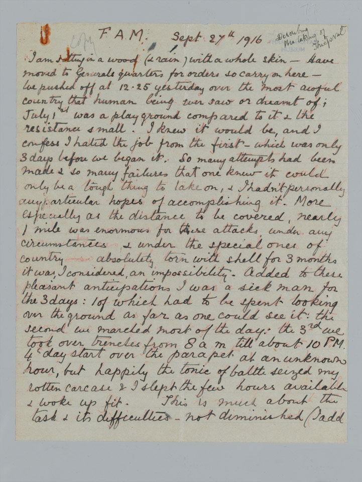 Letter sent by Lieutenant-Colonel Francis Maxwell VC to his wife Charlotte, 27 September 1916