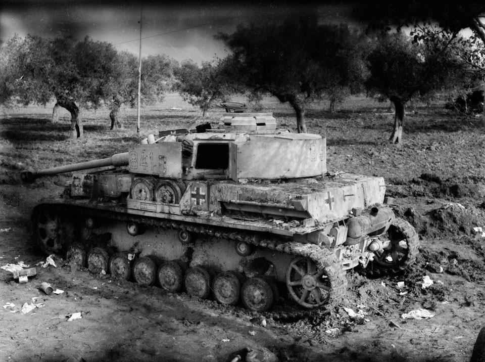 Knocked-out Mk IV Special in an olive grove, 1944 (c)