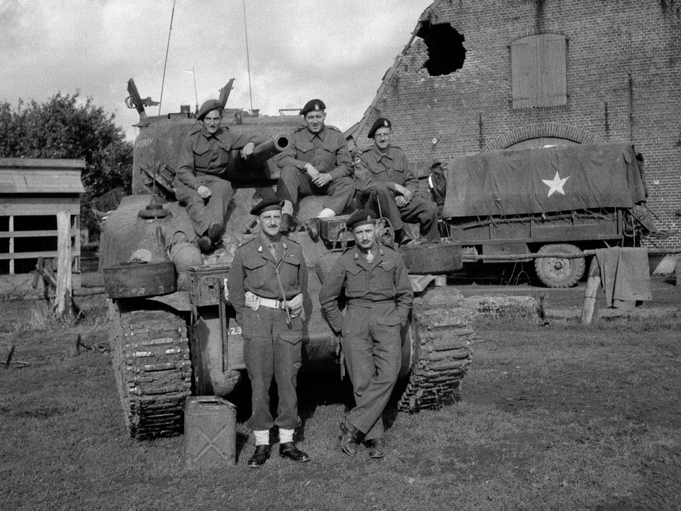 Sherman tank and crew, Regimental Head Quarters Tank Troop, 3rd/4th County of London Yeomanry (Sharpshooters), 1944