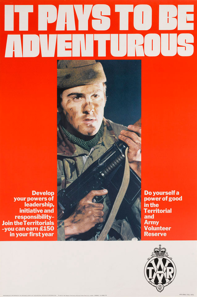 'It Pays to be Adventurous', Territorial Army Volunteer Reserve recruiting poster, 1975 (c)