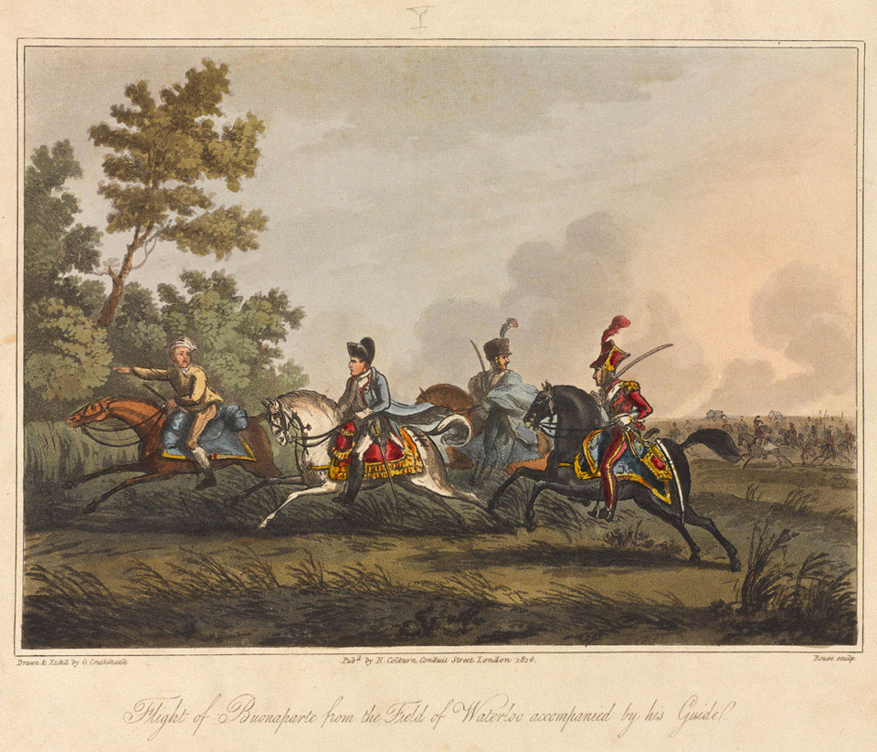 'Flight of Buonaparte from the Field of Waterloo accompanied by his Guides', 1815