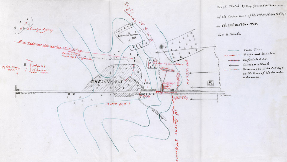 Typescript account and sketch map by Brigadier-General Hubert Rees, CMG, DSO describing the action at Gheluvelt, 1914