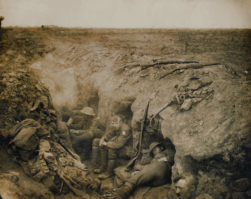 Welsh Guards in a reserve trench at Guillemont on the Somme, September 1916