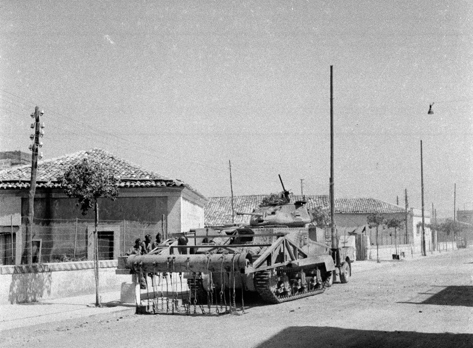 A General Grant Scorpion flail tank in a Sicilian street, 1943