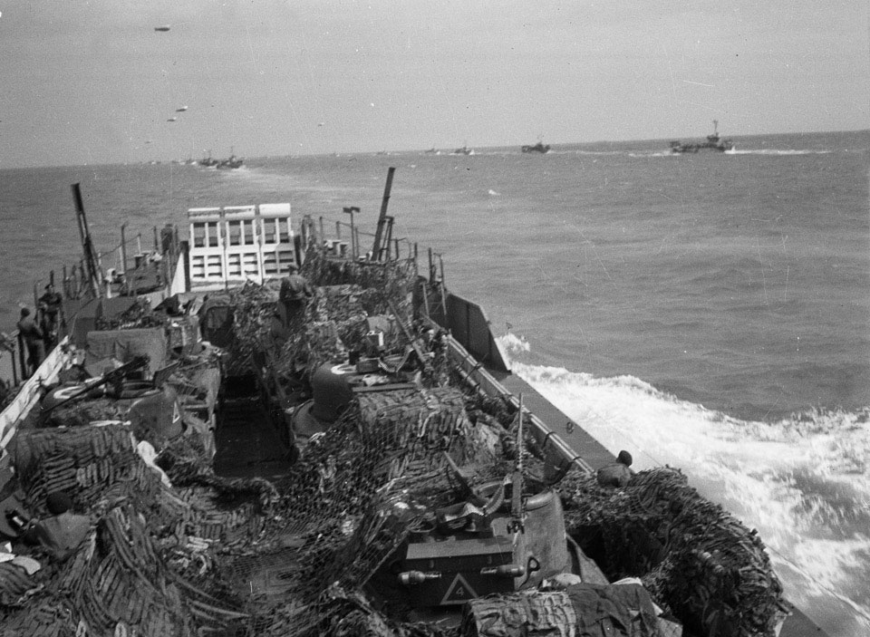 'The convoy containing the regiment shortly after leaving the Isle of Wight, 1944